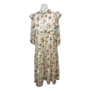 Olivia Rohde Beige Satin Floral Ruffle Long Sleeve Tiered Midi A-Line Dress 16
